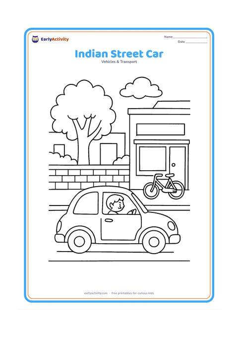 Colouring page: Draw a small car moving along an Indian neighbourhood street with a low boundary wall, a broad leafy tree, a simple shopfront and a bicycle parked nearby. Show the car from the side and…