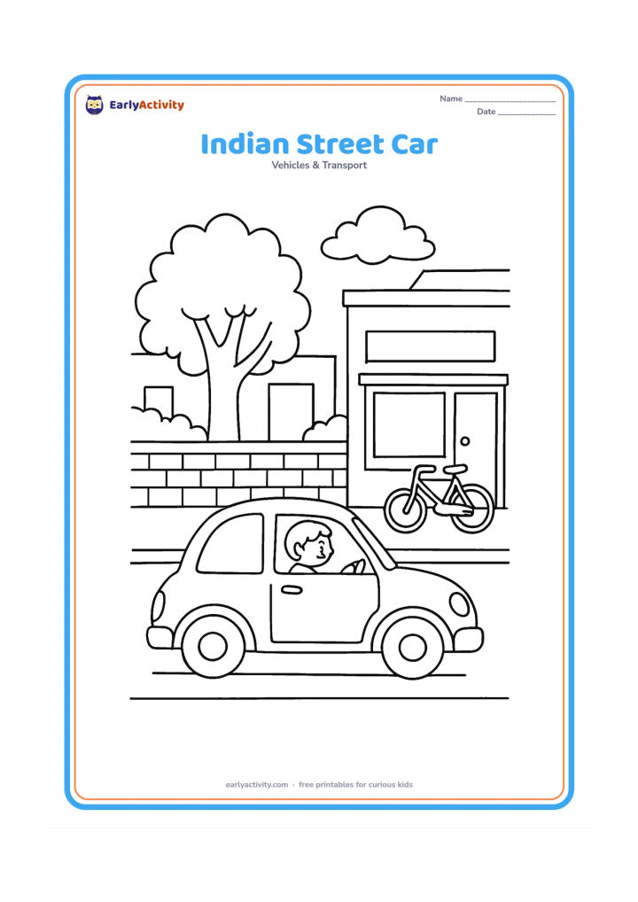 Colouring page: Draw a small car moving along an Indian neighbourhood street with a low boundary wall, a broad leafy tree, a simple shopfront and a bicycle parked nearby. Show the car from the side and…