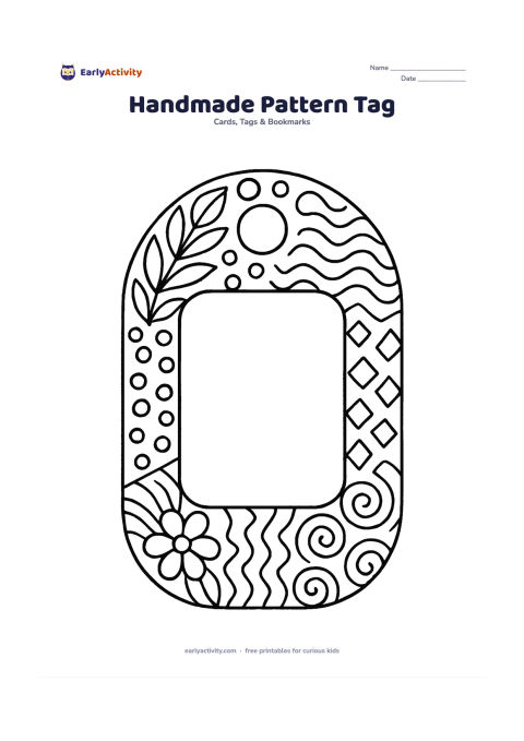 Worksheet: Draw a large rounded gift tag filled with separate sections of leaves, dots, waves, diamonds, spirals and simple flower motifs, with a wide blank centre panel and a hole at the top.