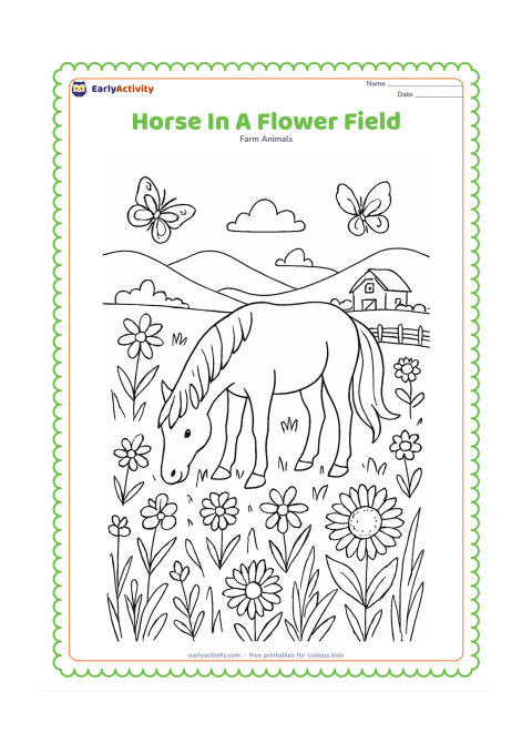 Colouring page: A horse grazes in a broad flower meadow, surrounded by different large flower heads, butterflies and tall grass. Add distant hills, a fence and a small barn.
