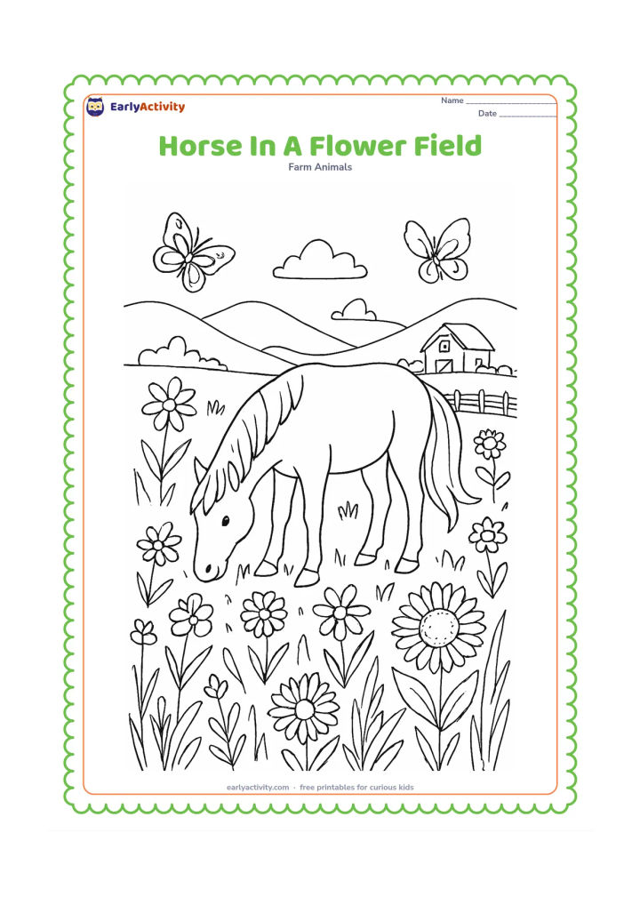Colouring page: A horse grazes in a broad flower meadow, surrounded by different large flower heads, butterflies and tall grass. Add distant hills, a fence and a small barn.