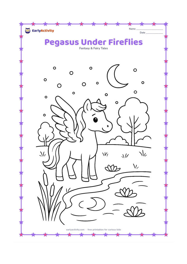 Colouring page: Draw a pegasus standing beside a quiet pond at dusk, with reeds, water lilies, rounded trees and many widely spaced glowing fireflies. Include a crescent moon reflected in the water.