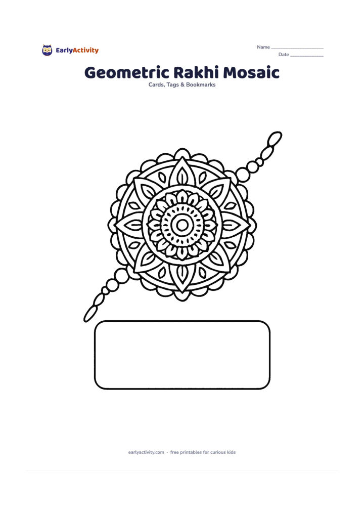 Worksheet: Design a detailed central rakhi medallion made from repeating triangles, circles, diamonds, and leaf shapes, surrounded by balanced thread-and-bead bands. Leave a clean rectangular…