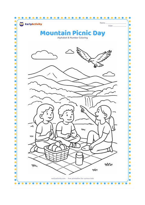 Colouring page: Draw friends enjoying a picnic on a grassy mountain overlook, with a basket of mangoes, a blanket, a thermos, a distant waterfall and layered hills. Show one child pointing toward an…