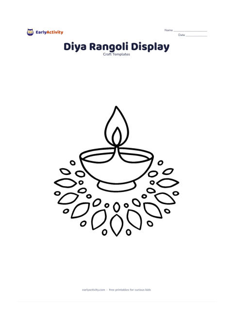 Worksheet: A central diya is surrounded by a neat semicircle of repeated rangoli petals, dots, and small leaves on a floor-like display area.