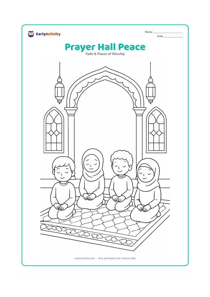 Colouring page: Show several children seated respectfully in a bright prayer hall beneath a decorated arch, with tall windows, simple hanging lamps and a carpet pattern. Keep the sacred focal area plain…