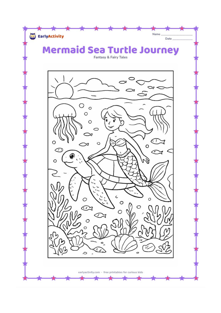 Colouring page: A mermaid travels beside a large sea turtle through an ocean scene that shifts from dawn at one side to bright daylight at the other. Add coral reefs, jellyfish, schools of fish, shells,…