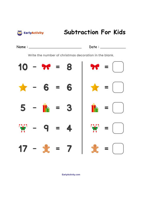 Worksheet with five subtraction equations using Christmas decorations, including a bow, star, gift, holly and gingerbread person, with answer boxes.