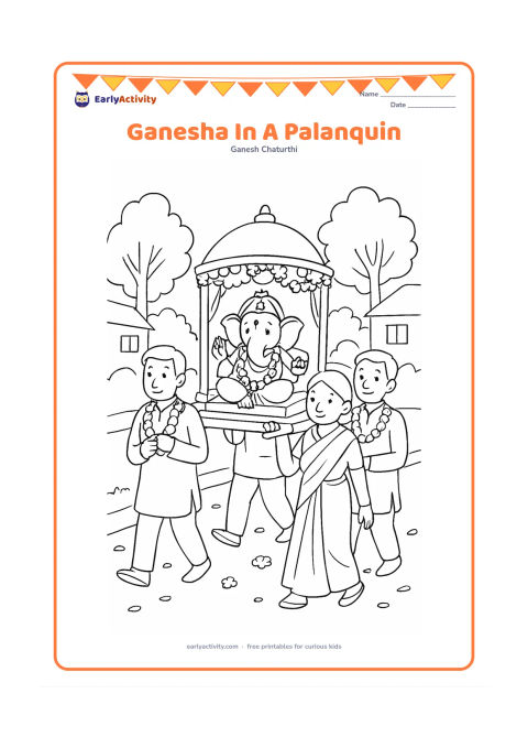 Colouring page: A small clay Ganesha idol rests in a flower-decorated palanquin carried carefully by four adults in a community procession. Add trees, a few homes and flower petals along the street.