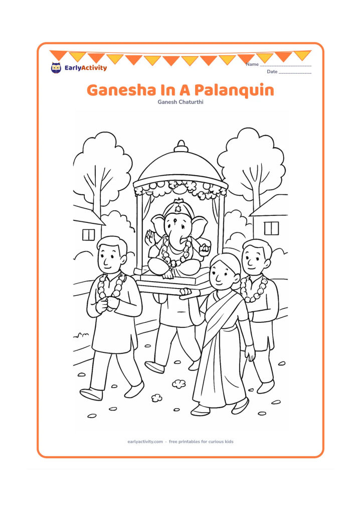 Colouring page: A small clay Ganesha idol rests in a flower-decorated palanquin carried carefully by four adults in a community procession. Add trees, a few homes and flower petals along the street.
