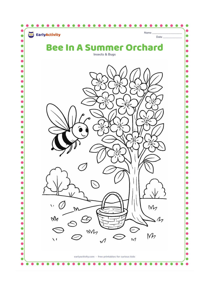 Colouring page: A bee flies beside a fruit tree covered in blossoms and leaves, with fallen petals, grass, a small basket and distant trees. The bee should be shown in mid-flight with wings spread.
