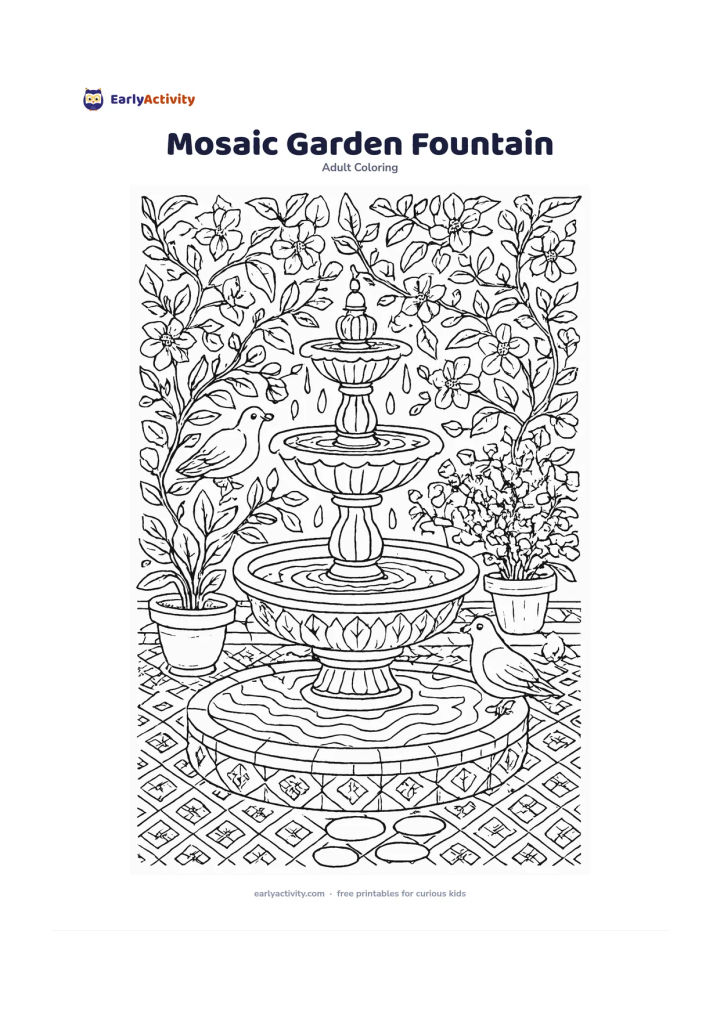 Colouring page: Draw a tiered garden fountain surrounded by flowering vines, potted plants, doves, stepping stones and a tiled courtyard. Fill the fountain basin with curved water ripples and decorate…