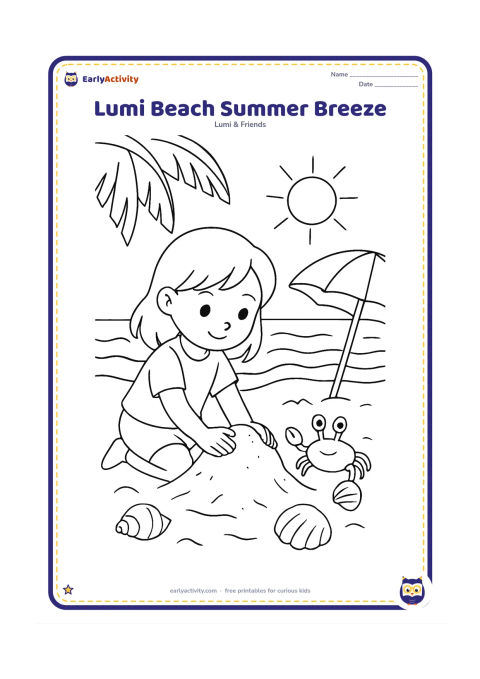 Colouring page: Lumi builds a sand mound near the shore while a crab carries a small shell nearby. Show gentle waves, a beach umbrella, palm leaves and a low summer sun, with no lettering on any object.