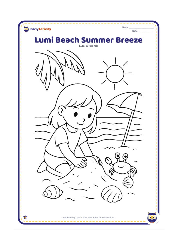 Colouring page: Lumi builds a sand mound near the shore while a crab carries a small shell nearby. Show gentle waves, a beach umbrella, palm leaves and a low summer sun, with no lettering on any object.