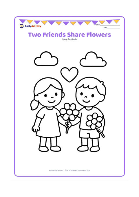 Colouring page: Two smiling children stand side by side and offer one large flower to each other, with a simple heart between them and a few clouds above.
