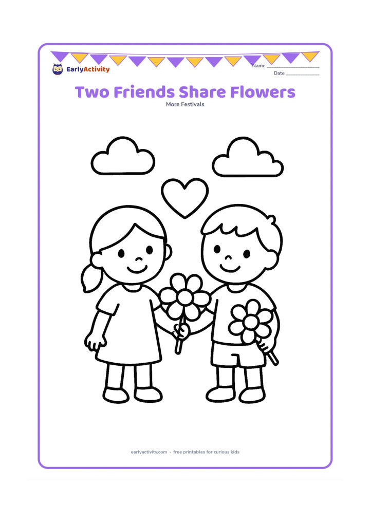Colouring page: Two smiling children stand side by side and offer one large flower to each other, with a simple heart between them and a few clouds above.