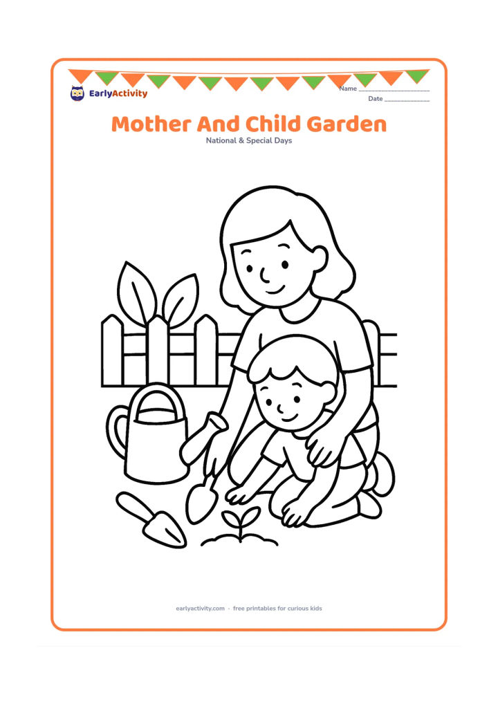 Colouring page: A child kneels beside their mother while both plant a small seedling in a garden bed. Include a large watering can, gardening trowel, three broad leaves and a fence.