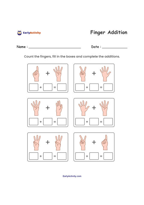 Worksheet page with six finger-counting addition problems. Children count the fingers in each pair of hands and fill in the number and answer boxes.