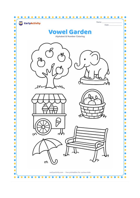 Colouring page: Draw five separate garden areas containing one apple tree, one elephant-shaped garden statue, one ice-cream cart, one orange basket and one umbrella resting by a bench. Arrange the…
