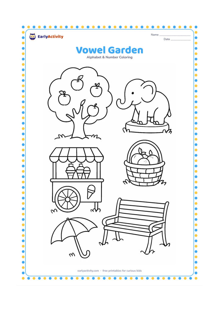 Colouring page: Draw five separate garden areas containing one apple tree, one elephant-shaped garden statue, one ice-cream cart, one orange basket and one umbrella resting by a bench. Arrange the…