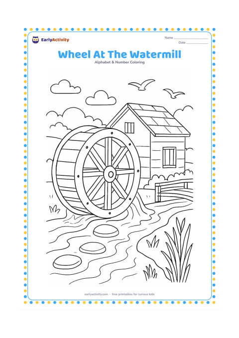 Colouring page: Draw a large water wheel turning beside a small riverside mill, with flowing water, stepping stones, reeds, a footbridge, and birds in the distance. Arrange the wheel prominently in the…