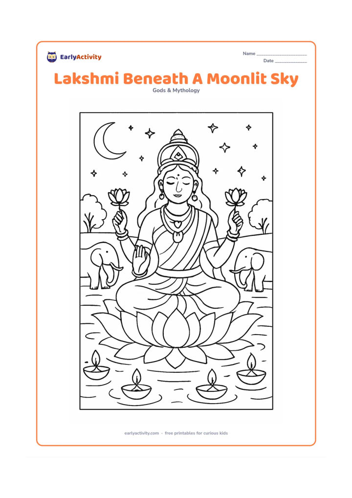 Colouring page: Draw Goddess Lakshmi seated on a lotus pond at night, with a crescent moon, stars, distant trees, two resting elephants, water ripples, and floating diyas around her. Keep the mood calm…
