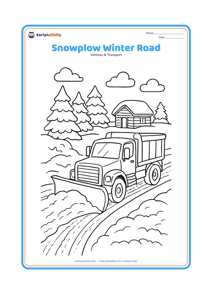 Colouring page: A snowplow truck clears a winding winter road past snow-covered pine trees, a wooden cabin and piled snow. Show the wide front blade pushing a curved ridge of snow.