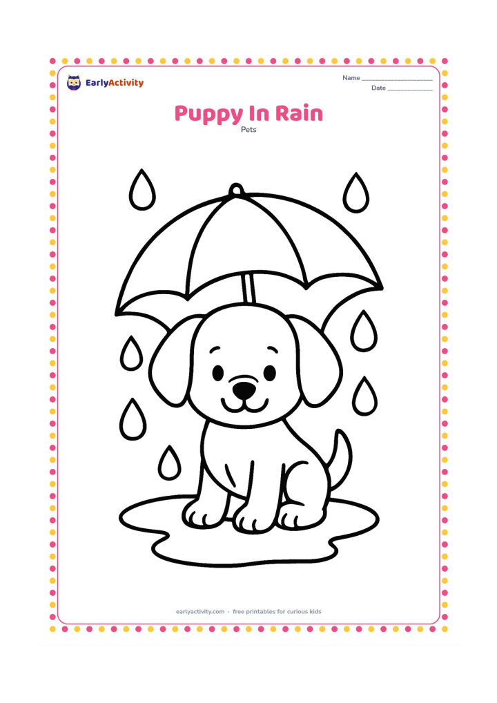 Colouring page: Draw a cheerful puppy sitting beneath a large umbrella, with a few big raindrops around it and a small puddle below. The puppy should remain clearly visible under the umbrella.