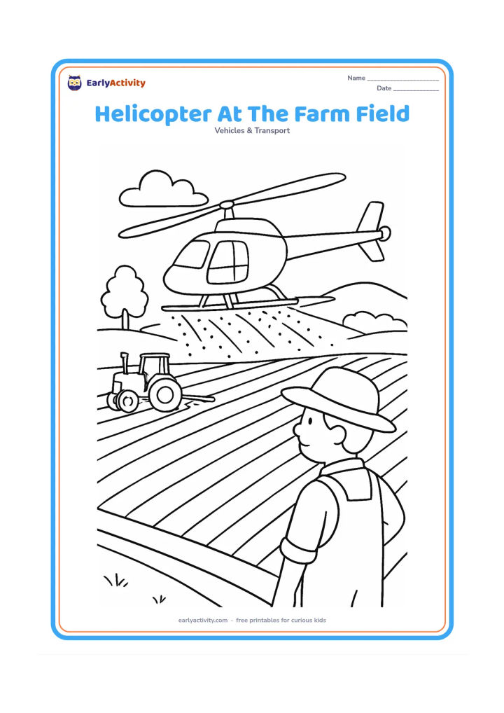 Colouring page: Draw an agricultural helicopter flying low over neat crop rows while a farmer watches from the edge of the field. Include a tractor, irrigation channel, trees and distant hills.