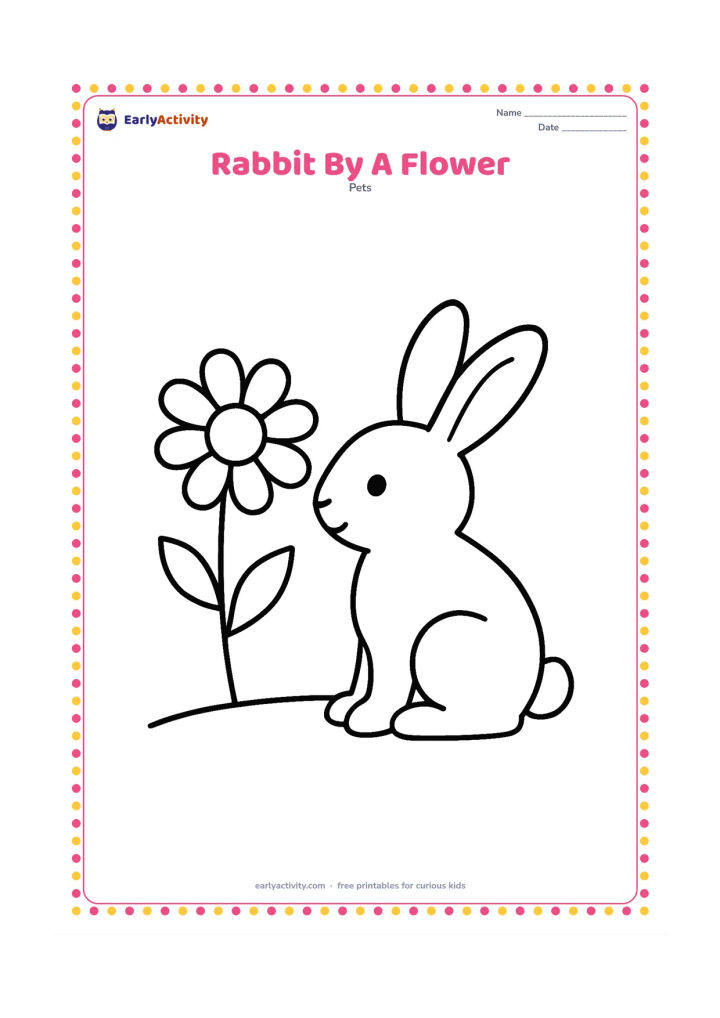 Colouring page: A rabbit sits beside one oversized daisy, turning its head toward the flower. Add a short stem, two leaves and a curved ground line.