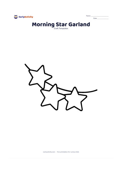 Worksheet: Show four large, simple star outlines connected along a gently curved string across the page. Each star has a broad blank interior and enough space between the shapes for cutting.