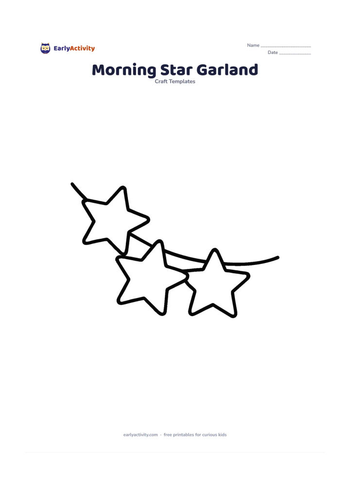 Worksheet: Show four large, simple star outlines connected along a gently curved string across the page. Each star has a broad blank interior and enough space between the shapes for cutting.