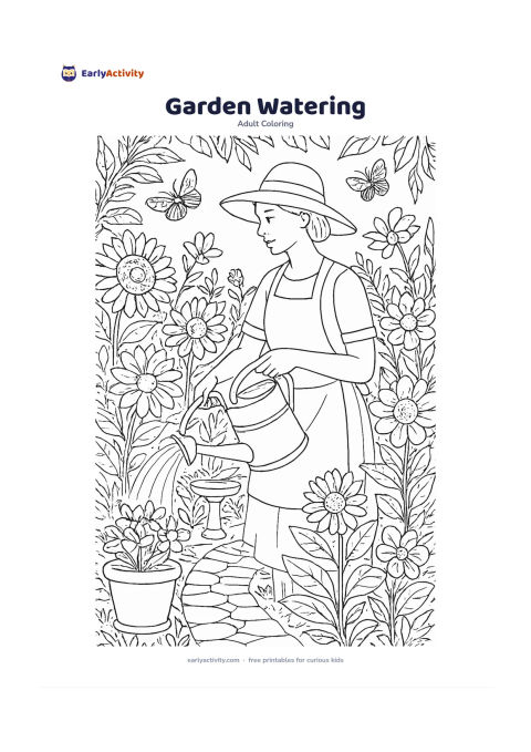 Colouring page: Draw a person watering large flowering plants with a traditional metal watering can. Include a garden path, potted plants, a small birdbath, and a few butterflies in the background.