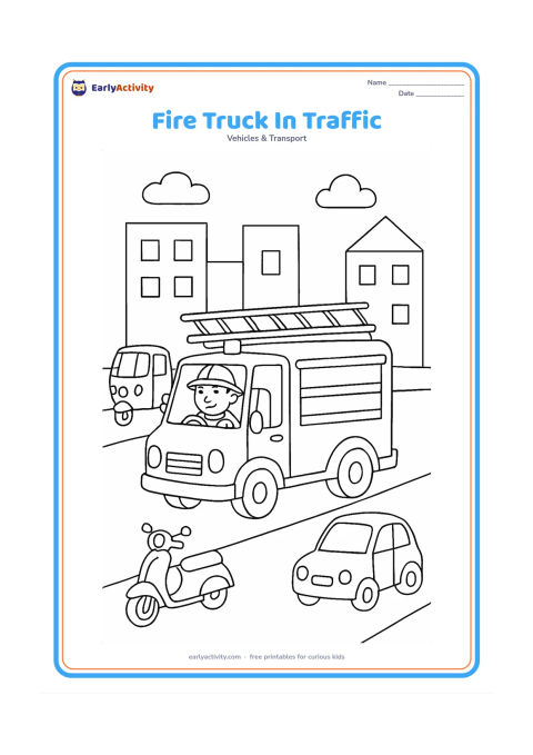 Colouring page: Draw a fire engine on a city road while a small auto-rickshaw, scooter and car move to the side to leave a clear path. Include a friendly firefighter visible through the cab window and a…