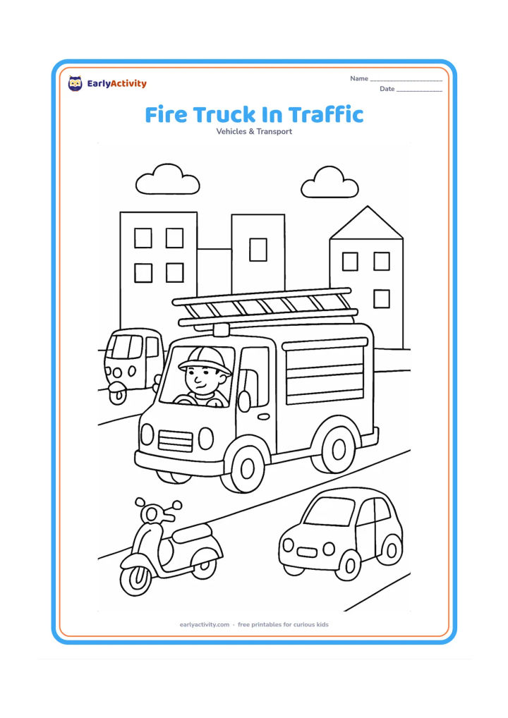 Colouring page: Draw a fire engine on a city road while a small auto-rickshaw, scooter and car move to the side to leave a clear path. Include a friendly firefighter visible through the cab window and a…
