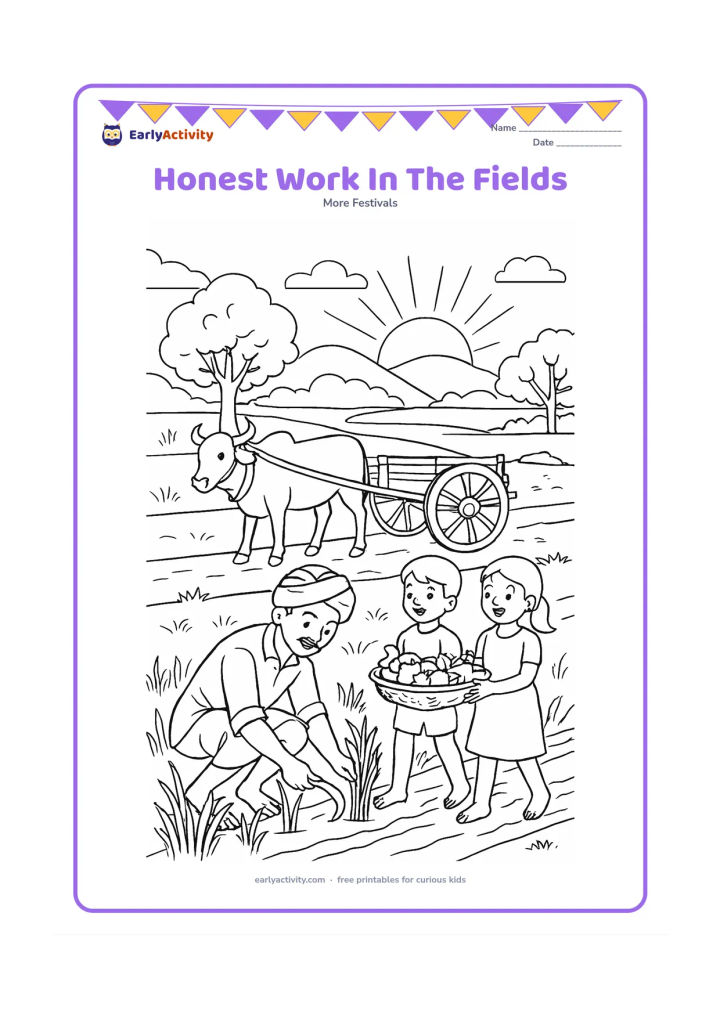 Colouring page: Draw an Indian village harvest scene where a farmer works carefully in a field while two children help carry a small basket of vegetables. Include a bullock cart, irrigation channel,…