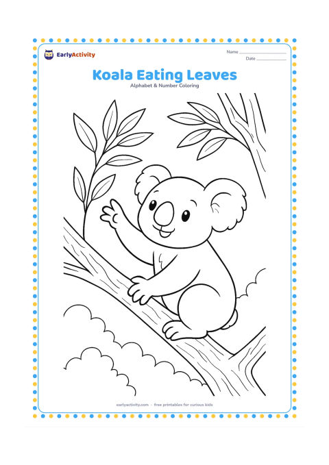 Colouring page: A koala sits on a eucalyptus branch and reaches toward a cluster of leaves. Add a second branch, textured bark and distant rounded treetops.