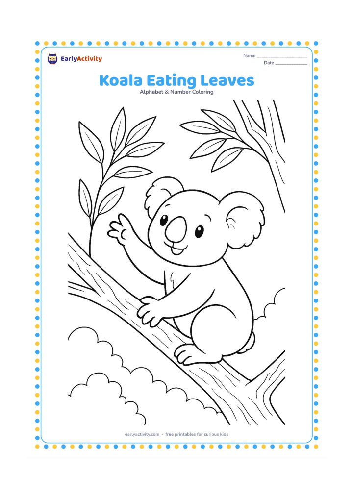 Colouring page: A koala sits on a eucalyptus branch and reaches toward a cluster of leaves. Add a second branch, textured bark and distant rounded treetops.