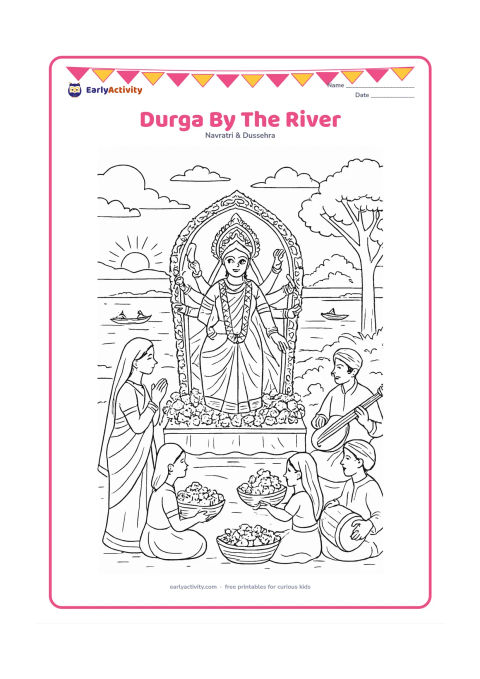 Colouring page: A peaceful visarjan scene shows a decorated Durga idol on a platform near a broad river, with families, musicians, flower baskets, boats, trees, and a sunset sky. Keep the water calm and…