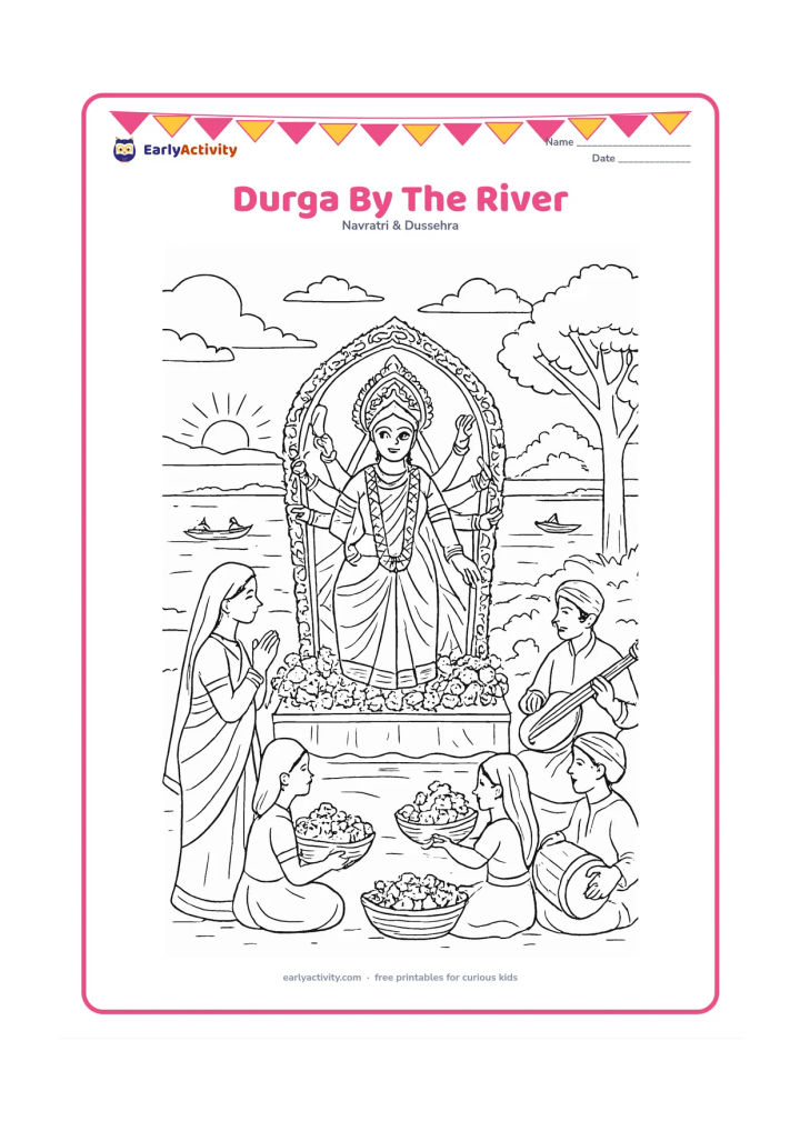 Colouring page: A peaceful visarjan scene shows a decorated Durga idol on a platform near a broad river, with families, musicians, flower baskets, boats, trees, and a sunset sky. Keep the water calm and…