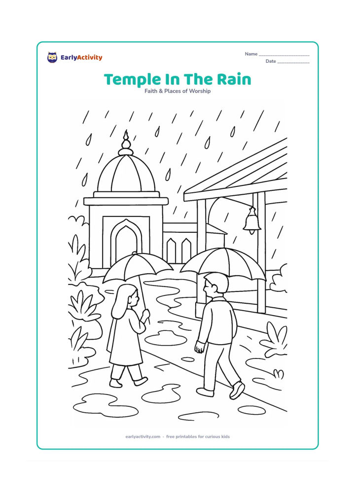 Colouring page: A temple courtyard during gentle monsoon rain, with a domed shrine, covered walkway, puddles and two people carrying umbrellas respectfully toward the entrance. Add leafy plants and a…