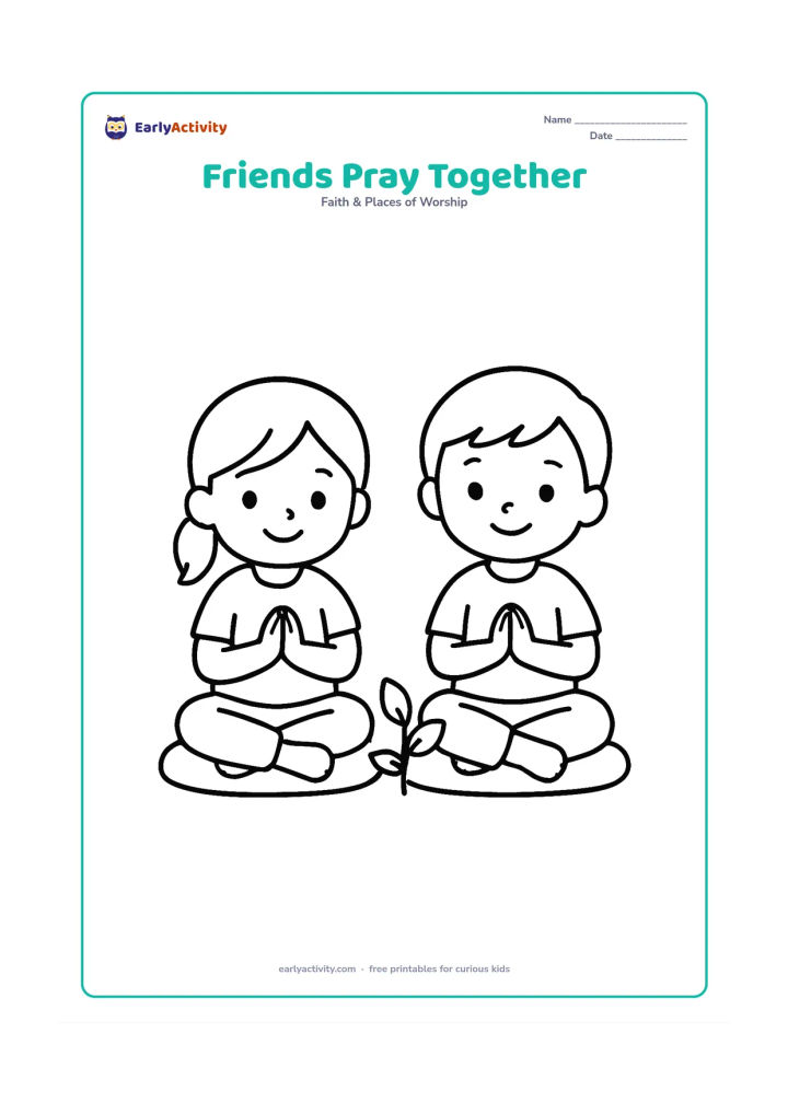 Colouring page: Two young children sit side by side on separate cushions with folded hands, with a small plant between them.