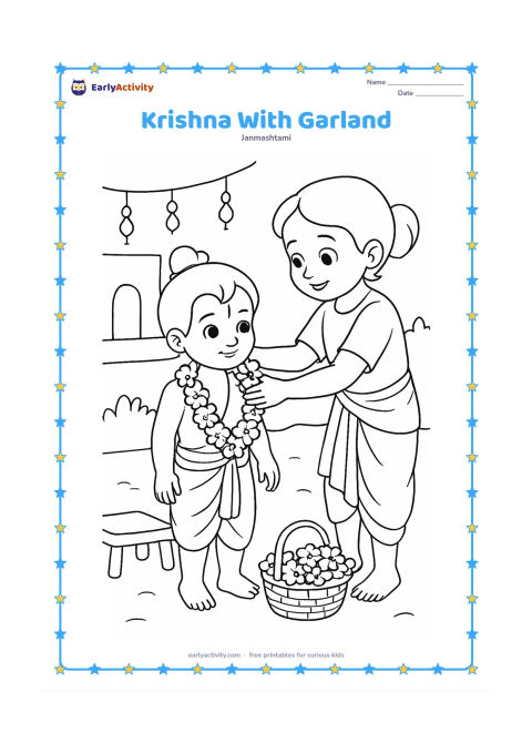 Colouring page: Draw Krishna standing while an older child places a flower garland around his shoulders. Add a low stool, flower basket, hanging decorations and a simple home courtyard.