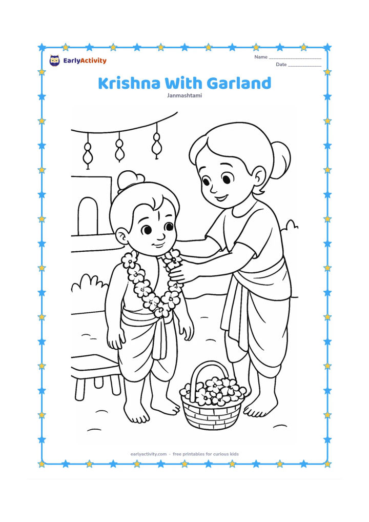 Colouring page: Draw Krishna standing while an older child places a flower garland around his shoulders. Add a low stool, flower basket, hanging decorations and a simple home courtyard.
