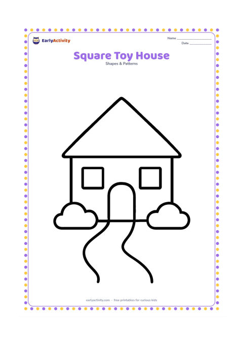 Colouring page: Draw a friendly little house built from a large square, with a triangular roof, a rectangular door and two square windows. Add a short path and two simple round bushes.