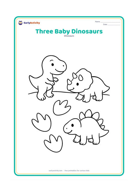 Colouring page: Draw a baby T-Rex, baby Triceratops and baby Stegosaurus playing beside three large dinosaur footprints. Place them on a wide open patch of ground.