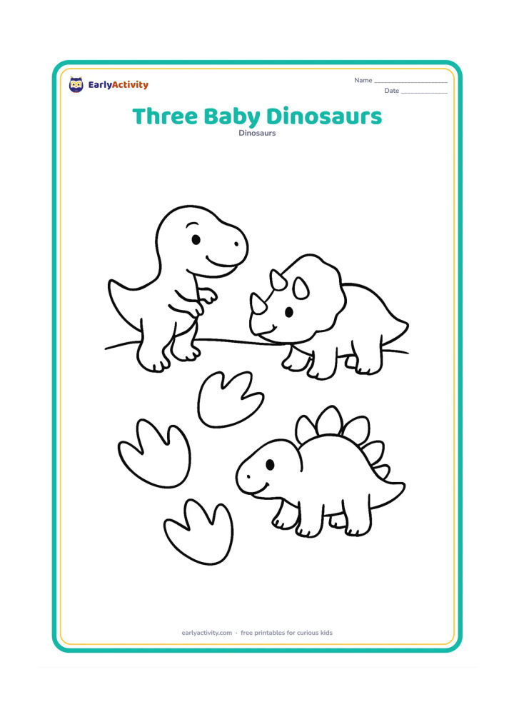 Colouring page: Draw a baby T-Rex, baby Triceratops and baby Stegosaurus playing beside three large dinosaur footprints. Place them on a wide open patch of ground.