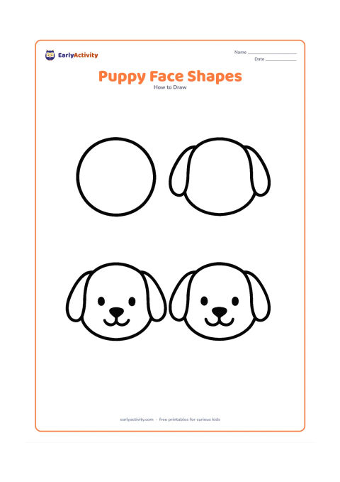 Worksheet: Show four large, blank, unlabeled drawing stages: a circle head, floppy ears and muzzle, eyes and nose, then a happy puppy face. Keep the face centered with no background objects.