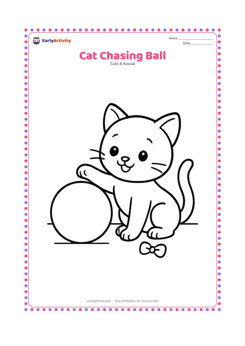 Colouring page: Draw a happy kitten reaching one paw toward a large round ball, with its tail curved behind it. Add only two floor lines and a tiny toy bow beside the ball.