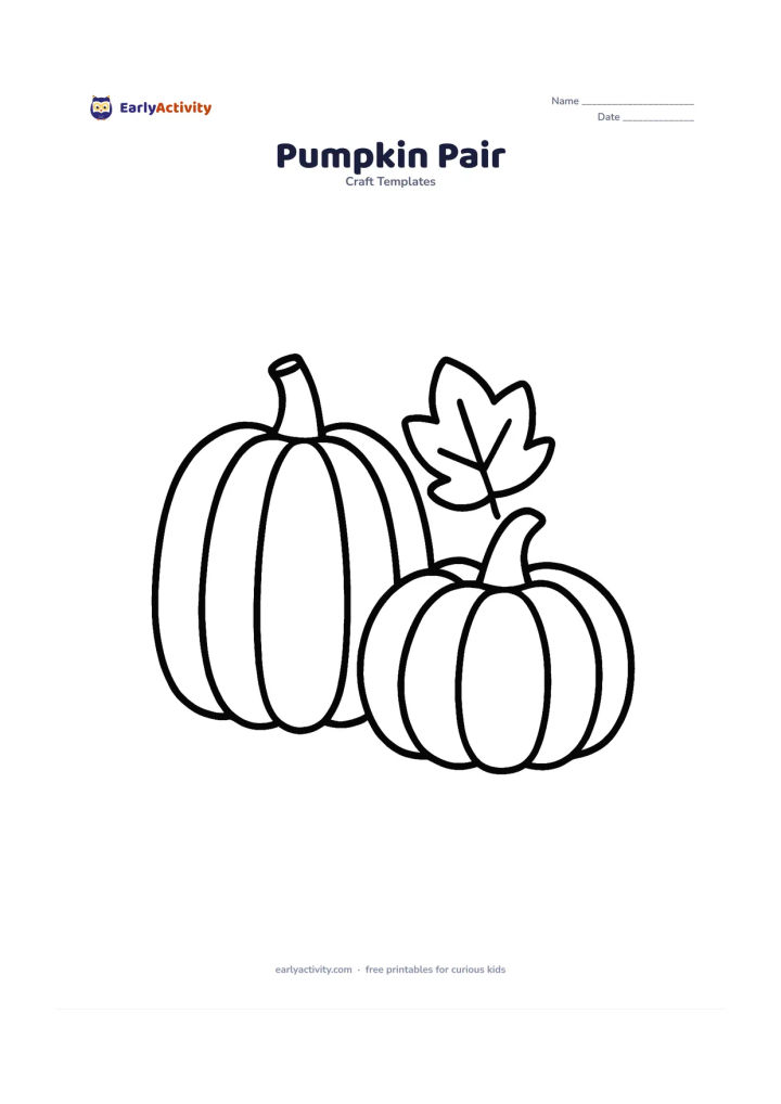 Worksheet: Two large pumpkins sit side by side, one tall and one short, each with a simple stem and three broad sections. Add one large leaf between them without overlapping the main cutting outlines.